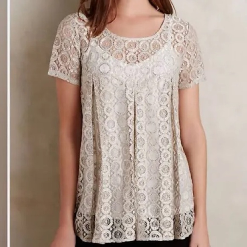 Anthropologie Akemi + Kin Lyra Sheer Shimmering Lace Boho Top Cream Silver XS